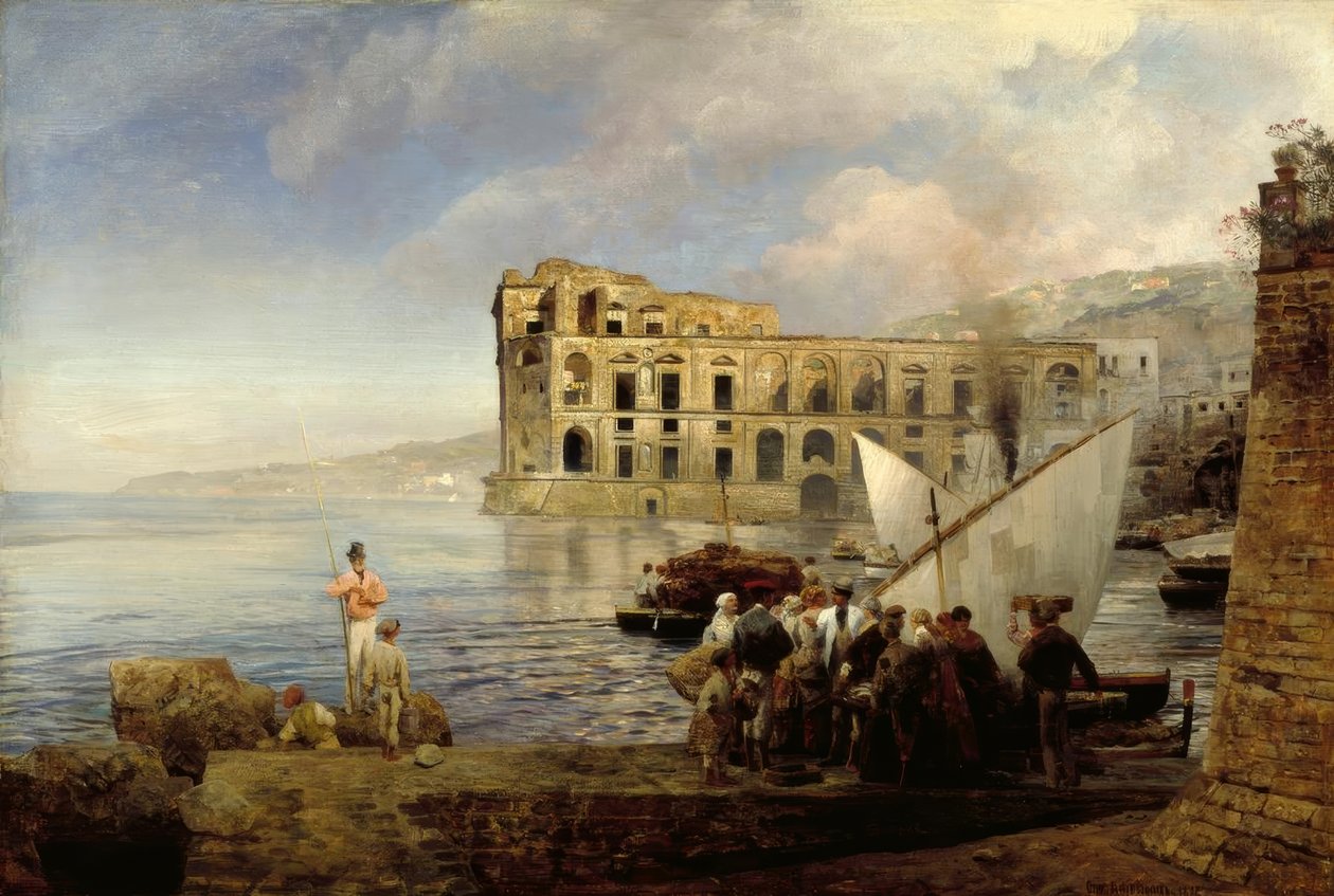 O.Achenbach, Bugt nær Napoli med Dronning Annas Palads. af Oswald Achenbach