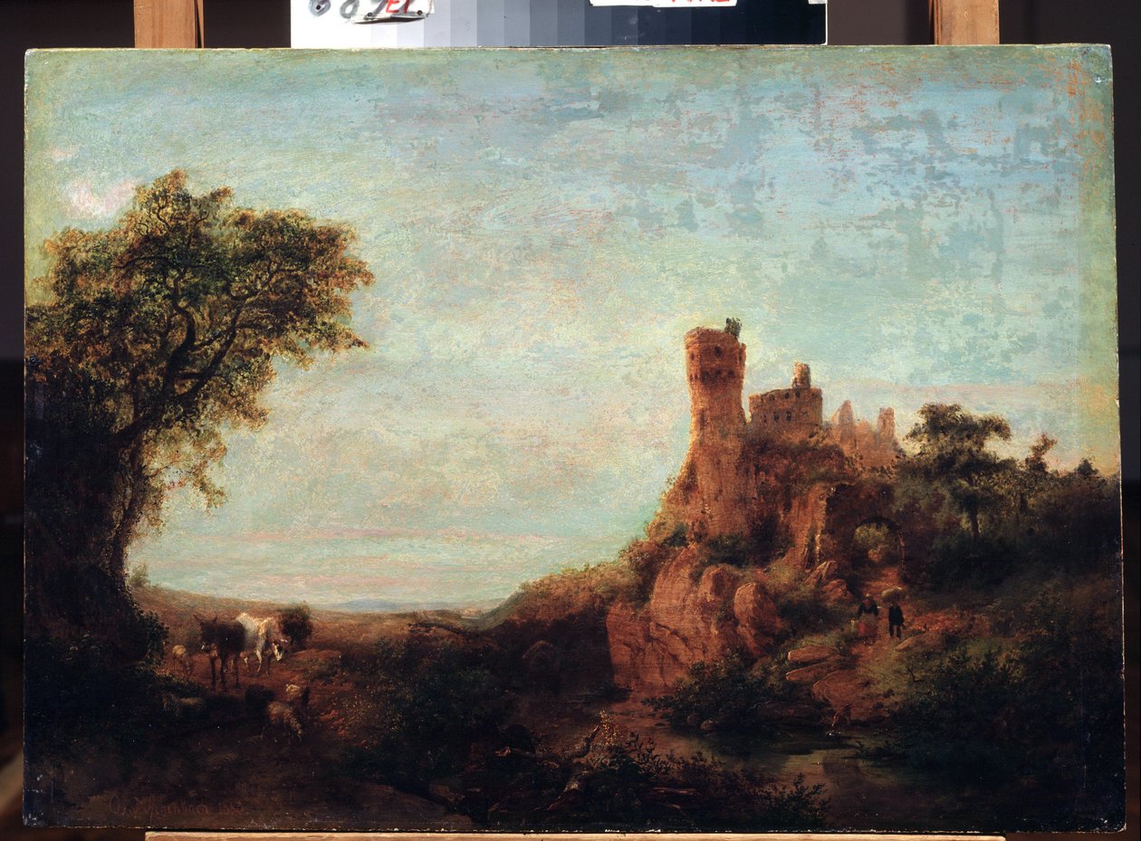 ""Paysage au chateau"" (Landskab med et slot) Peinture d