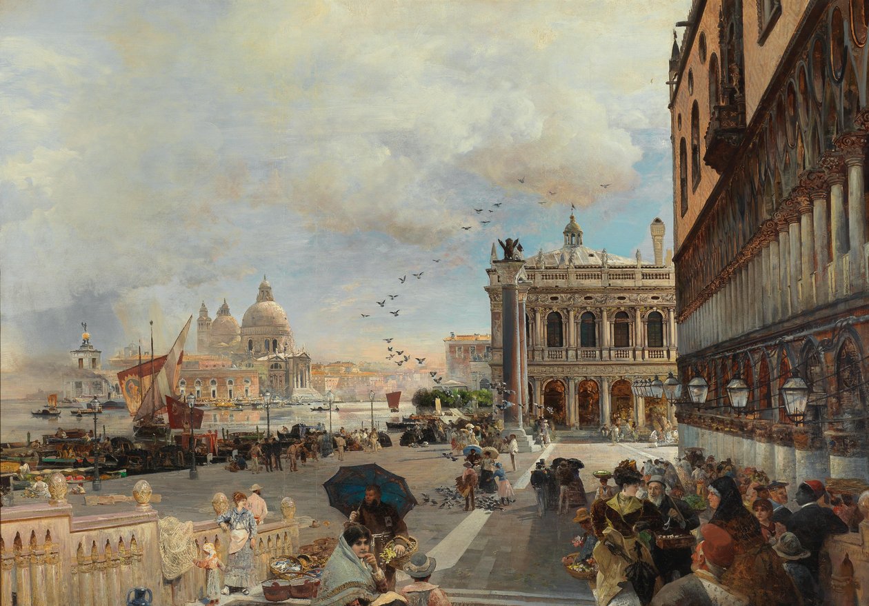Venedig, udsigt over Piazzetta med Biblioteca Marciana, Santa Maria della Salute og Dogana af Oswald Achenbach