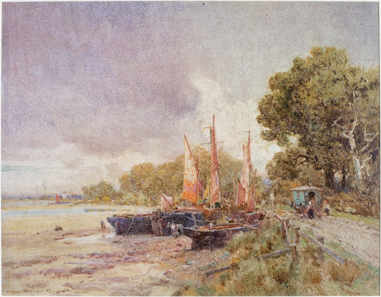 Themsen ved Barnes, omkring 1916-24 (Akvarel, lim og tempera) af Oswald Garside