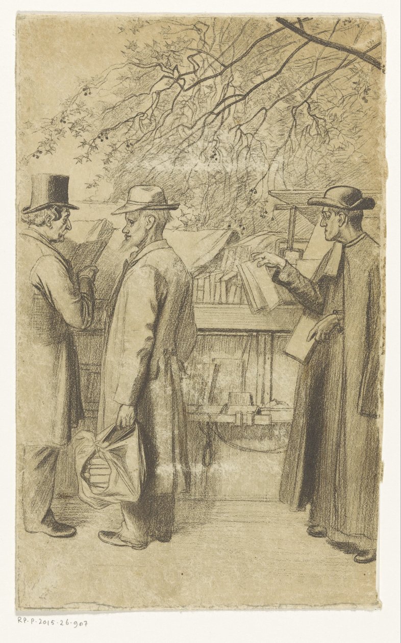 Folk foran en bogbod på en kaj i Paris af Oswald Heidbrinck
