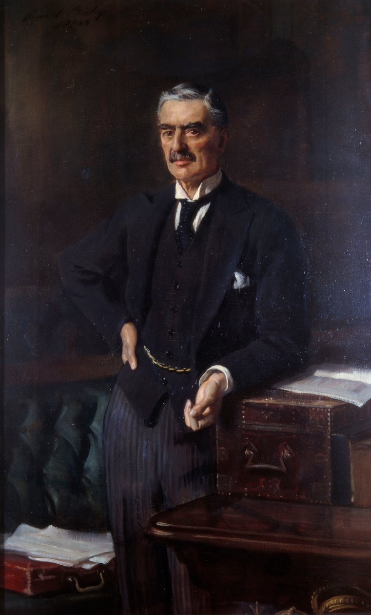 Portræt af Neville Chamberlain (1869-1940) (olie på lærred) af Oswald Hornby Joseph Birley