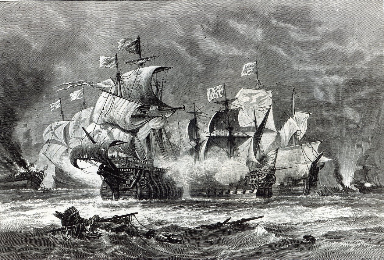 The Vanguard, under Sir William Winter, engagerer den spanske armada, fra 
