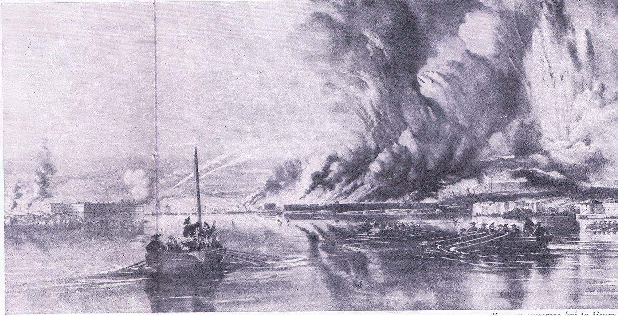 Sevastopols fald og russernes tilbagetog, 8. september 1855, illustration fra britiske slag på land og hav, 1915 af Oswald Walters Brierly