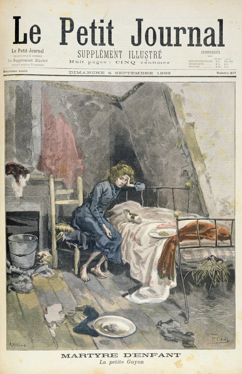 Titelside, der viser børns martyrdød, den lille Guyon, illustration fra det illustrerede supplement til Le Petit Journal, 4. september, 1898 af Oswaldo Tofani