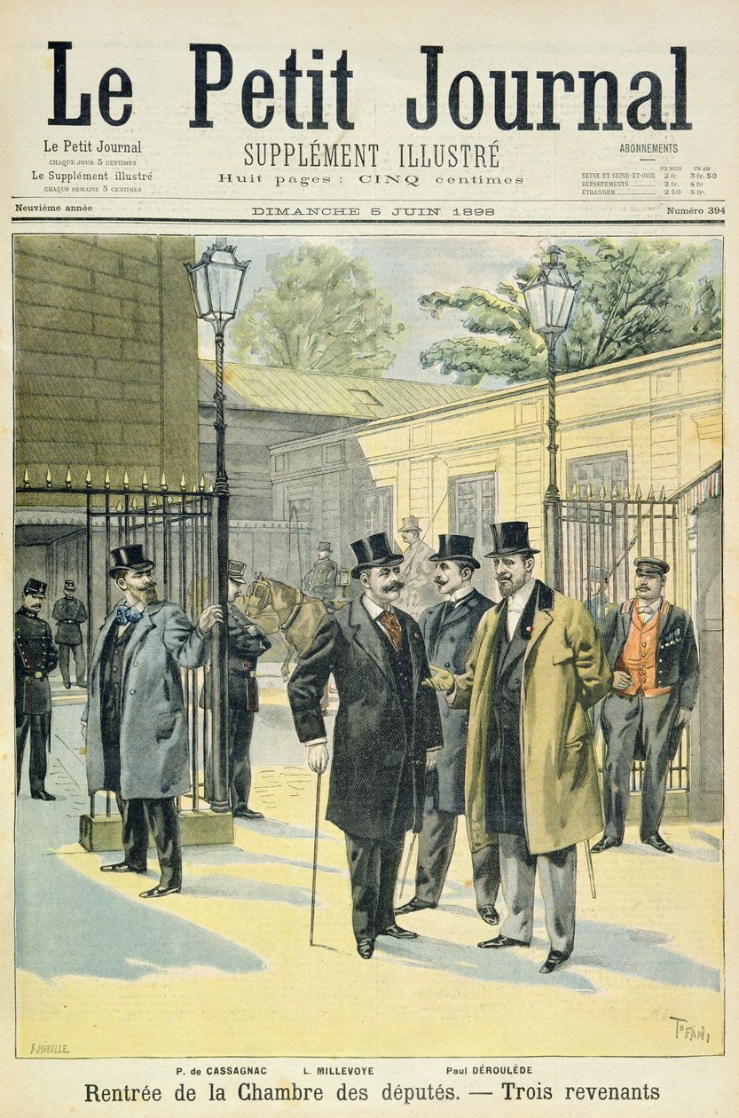 Titelside, der viser genåbningen af Deputerethuset med Paul Granier de Cassagnac, Lucien Millevoye og Paul Deroulede, illustration fra det illustrerede supplement til Le Petit Journal, 5. J. af Oswaldo Tofani