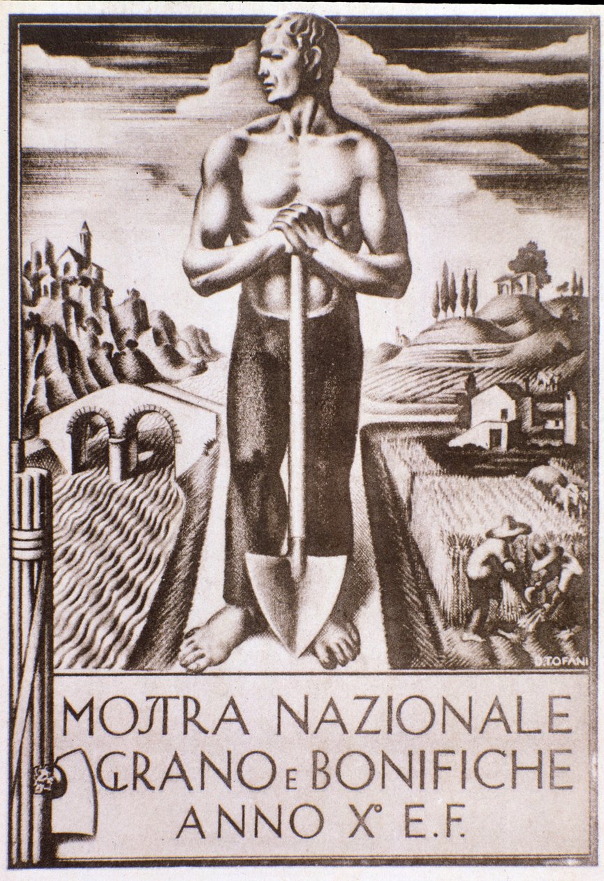 Propaganda fascistisk plakat for korn- og jordforbedringskampagne af Oswaldo (after) Tofani