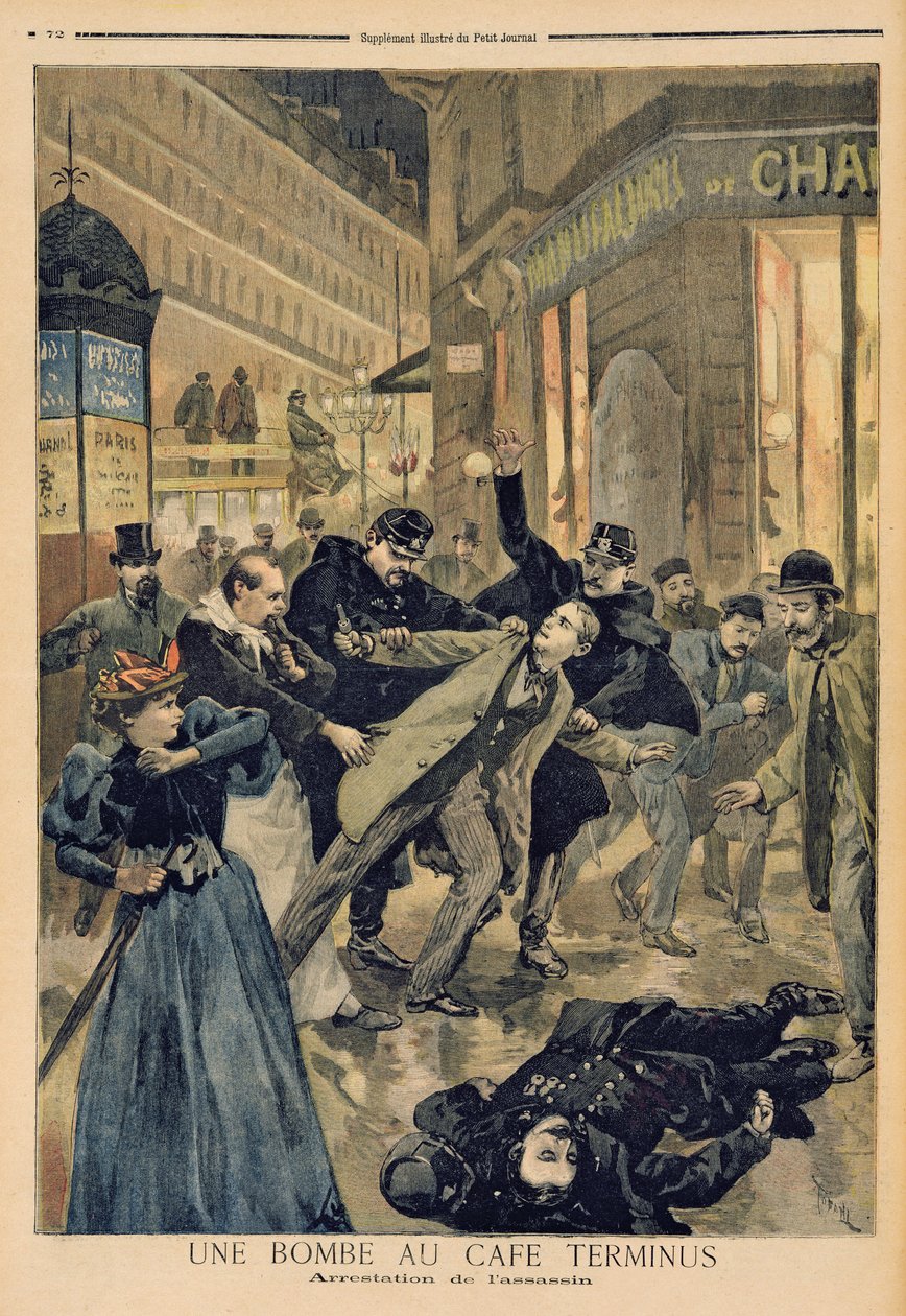 En bombe på Café Terminus, anholdelse af attentatmanden, illustration fra "Le Petit Journal", 26. februar 1894 af Oswaldo Tofani
