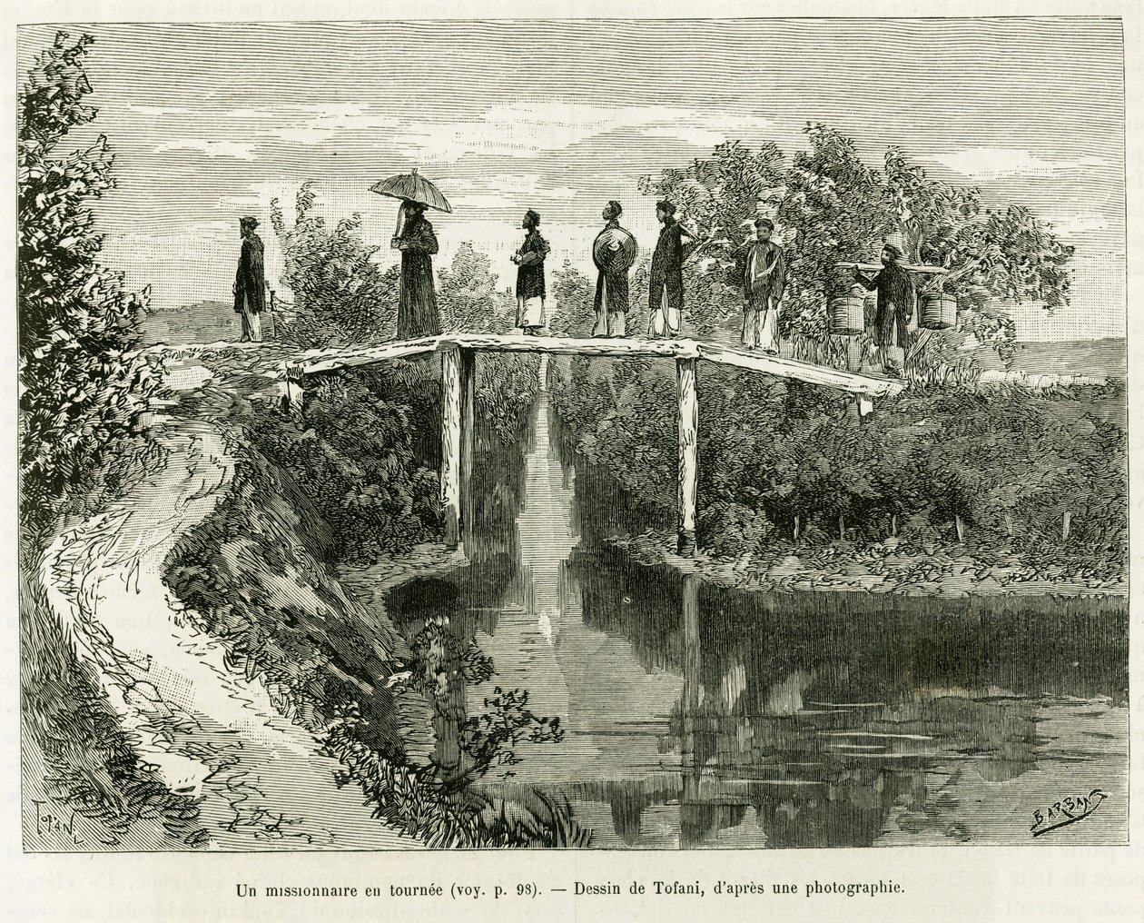En missionær til gengæld. Indgravering af Tofani, for at illustrere historien Trente mois au Tonkin, i 1884, af doktor Paul Hocquard, i le tour du monde 1890, under ledelse af Edouard Charton (1807-1890), Hachette, Paris. af Oswaldo Tofani