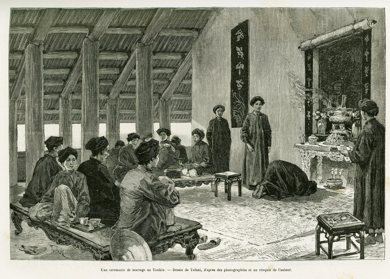 En bryllupsceremoni på Tonkin. Indgravering af Tofani, for at illustrere historien Trente mois au Tonkin, i 1884, af Dr. Paul Hocquard, i le tour du monde 1890, under ledelse af Edouard Charton (1807-1890), Hachette, Paris. af Oswaldo Tofani