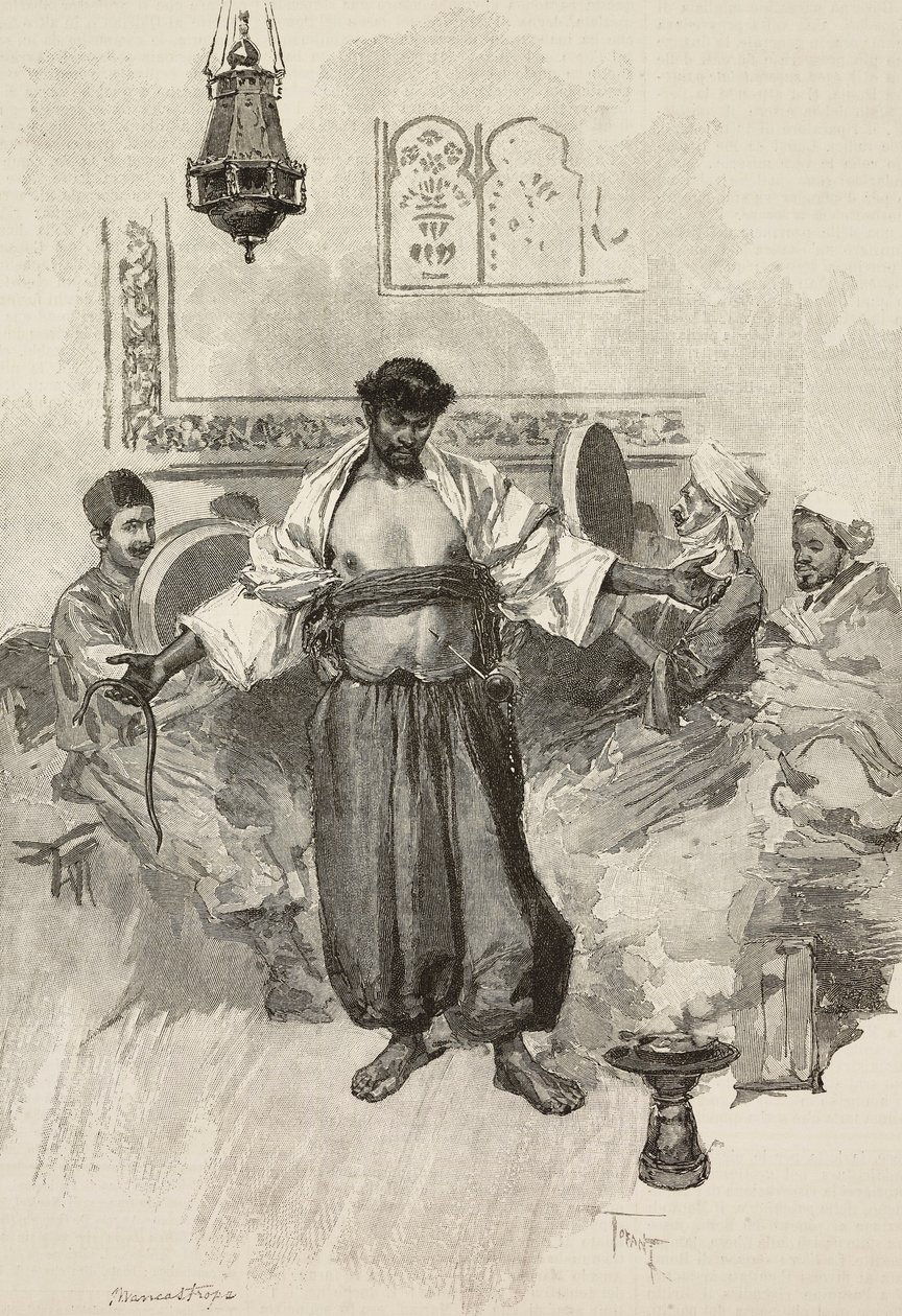 Aissawa-dans, marokkansk religiøst broderskab, ved universel udstilling i 1889, Paris, Frankrig, gravering af E Mancastroppa fra tegning af Osvaldo Tofani fra L