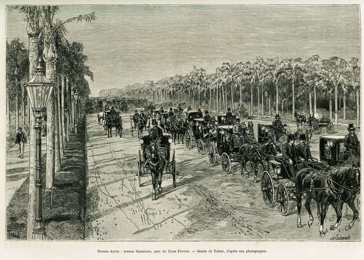 Buenos Aires, Sarmiento Avenue, Three February Park. Gravering af Tofani, for at illustrere historien Voyage a la Plata, i 1886, af Emile Daireaux, i le tour du monde 1888, instrueret af Edouard Charton (1807-1890), Hachette, Paris. af Oswaldo Tofani