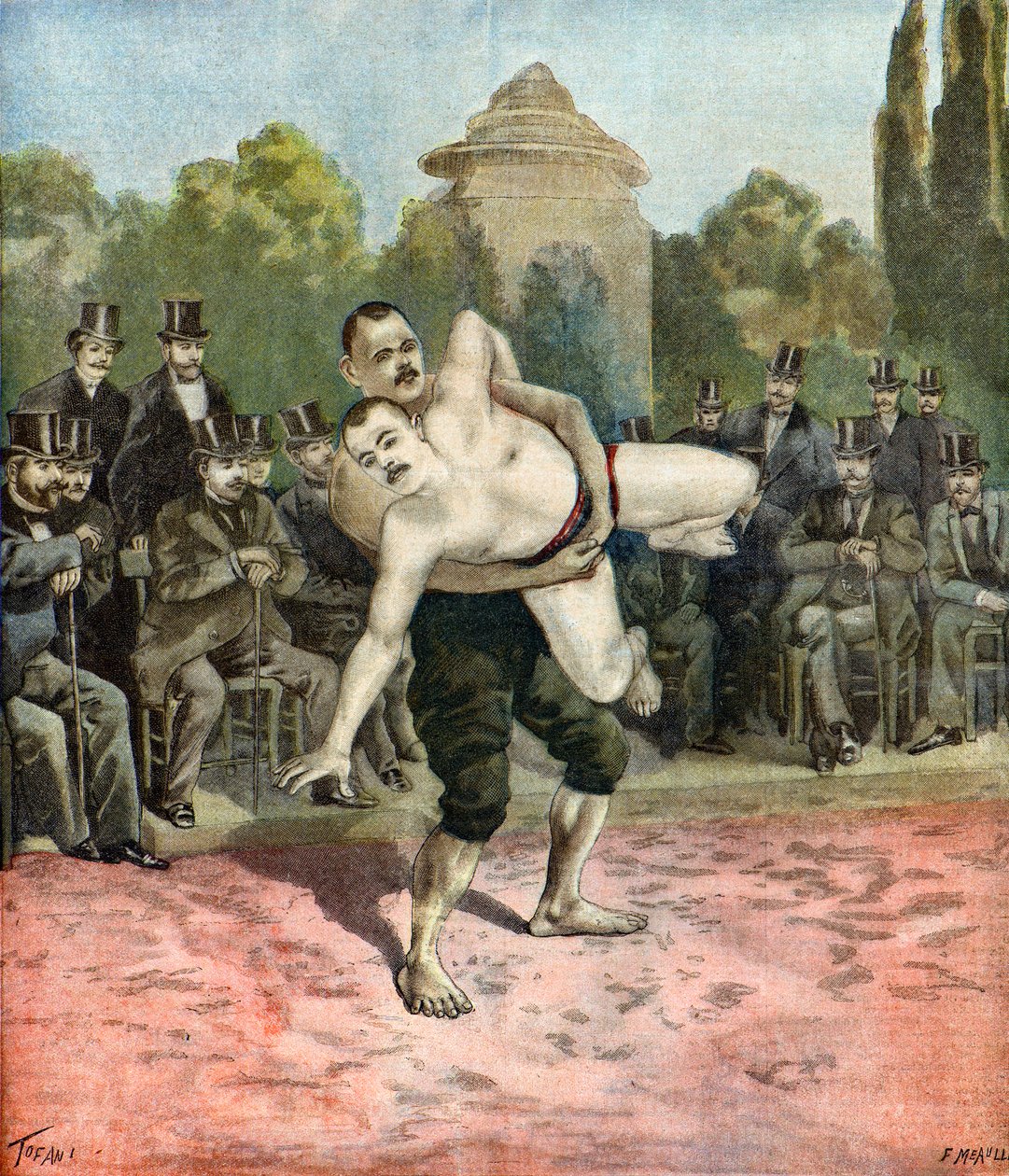 Demonstration af bryderne Pierri og Usouf Ismaillolo,1895 (Illustration) af Oswaldo Tofani