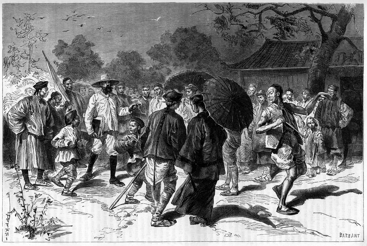 Dr. Piassetzky rejser til Kina, altid ledsaget af kinesere. Gravering efter en tegning af Tofani, i "" Le Tour du Monde, Nouveau journal des Voyages"", redigeret af Edouard Charton, Paris af Oswaldo Tofani