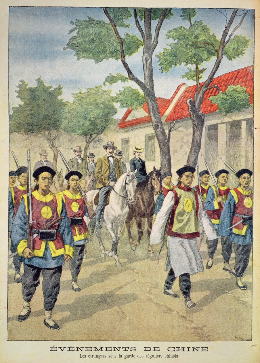 Europæiske udlændinge under væbnet eskorte af kinesiske regulære soldater under Boxer-oprøret 1899-1901, illustration fra 