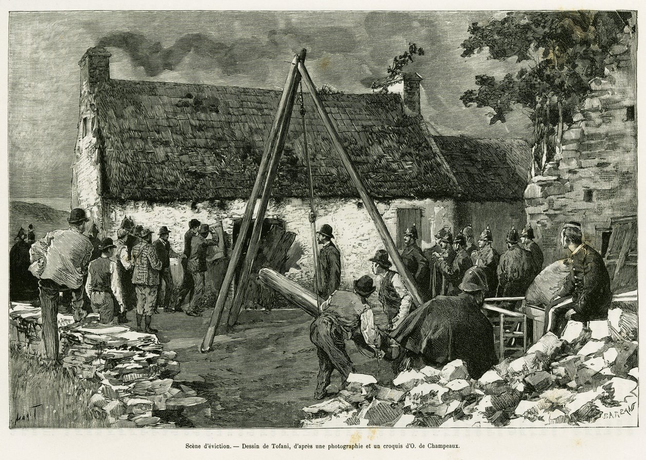 Udsættelsesscene. Gravering af Tofani, for at illustrere historien Tre måneder i Irland, i 1889, af Marie Anne de Bovet, i le tour du monde 1890, instrueret af Edouard Charton (1807-1890), Hachette, Paris. af Oswaldo Tofani