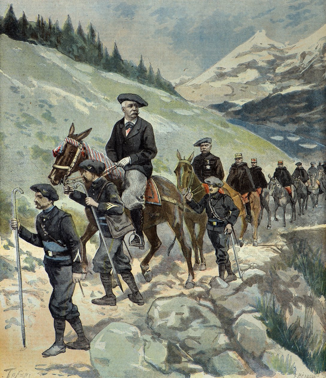 Felix Faure med alpejægere på en rejse til Alperne i 1897 (Kobberstik) af Oswaldo Tofani