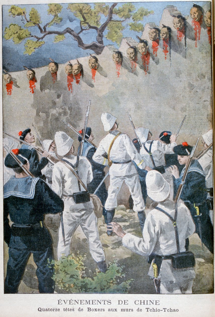 Fjorten hoveder af boksere på væggene i Tchio-Tchao, Kina, 1900 af Oswaldo Tofani