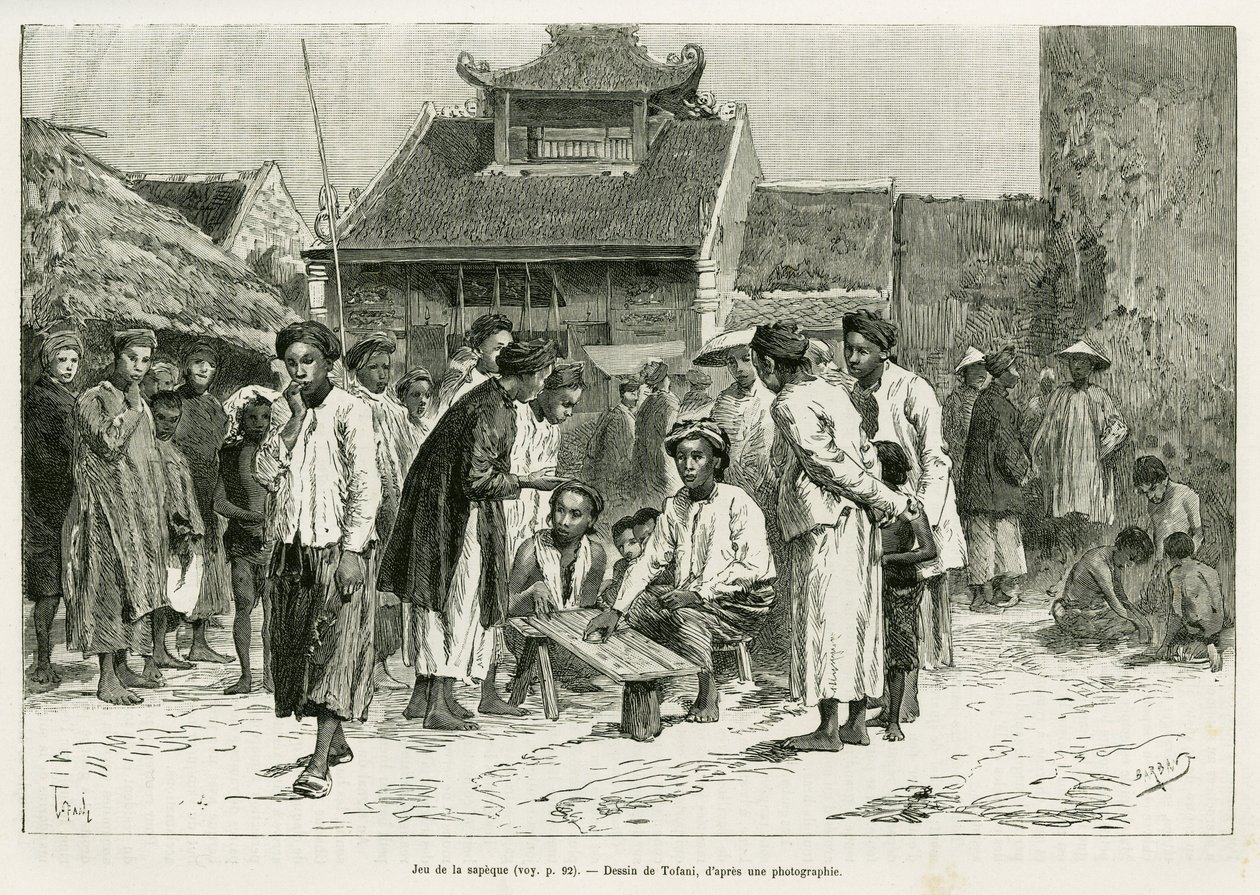 Sapeque-spil. Gravering af Tofani, for at illustrere historien Trente mois au Tonkin, i 1884, af Dr. Paul Hocquard, i le tour du monde 1890, under ledelse af Edouard Charton (1807-1890), Hachette, Paris. af Oswaldo Tofani