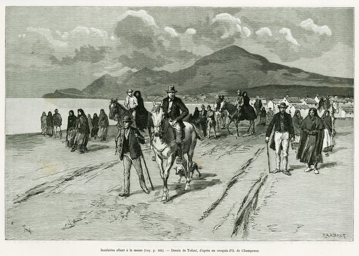 Øboere går til messe. Gravering af Tofani, for at illustrere historien Trois mois en Irlande, i 1889, af Marie anne de Bovet, i le tour du monde 1890, instrueret af Edouard Charton (1807-1890), Hachette, Paris. af Oswaldo Tofani