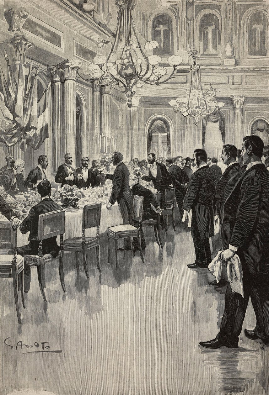 Italienske diplomater skåler sammen, Paris, Frankrig, gravering fra tegning af Gennaro Amato, fra skitse af Osvaldo Tofani, fra L
