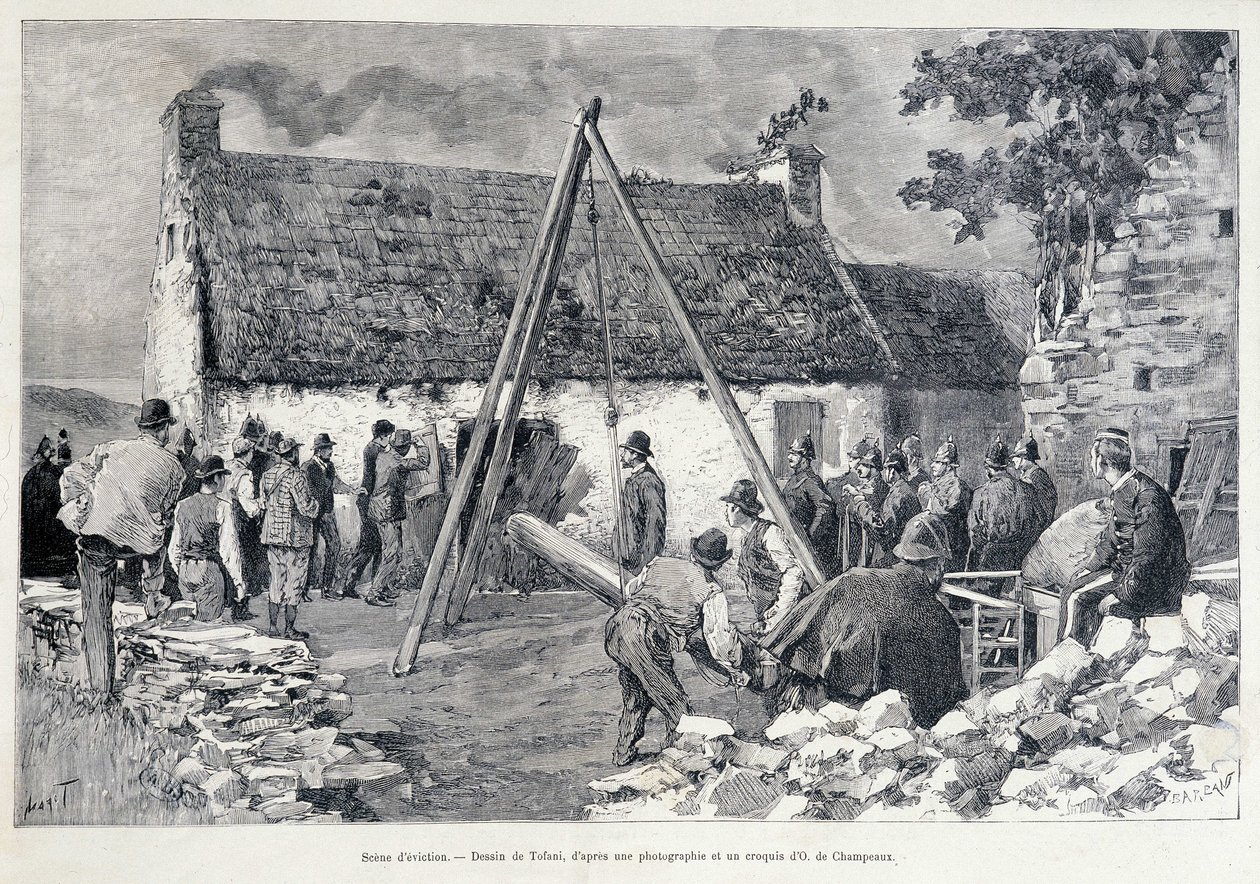 Mænd løber gennem en dør ved hjælp af et mavetræ for at bortvise beboeren fra boligen. Tegning af Tofani efter en skitse af O. de Champeaux (1800-tallet). af Oswaldo Tofani