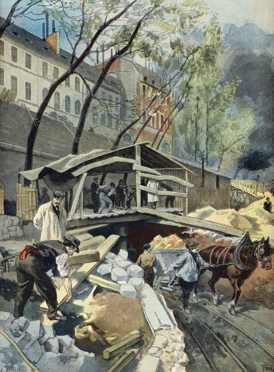 Metropolitain arbejder i Paris i 1899 (Gravering) af Oswaldo Tofani