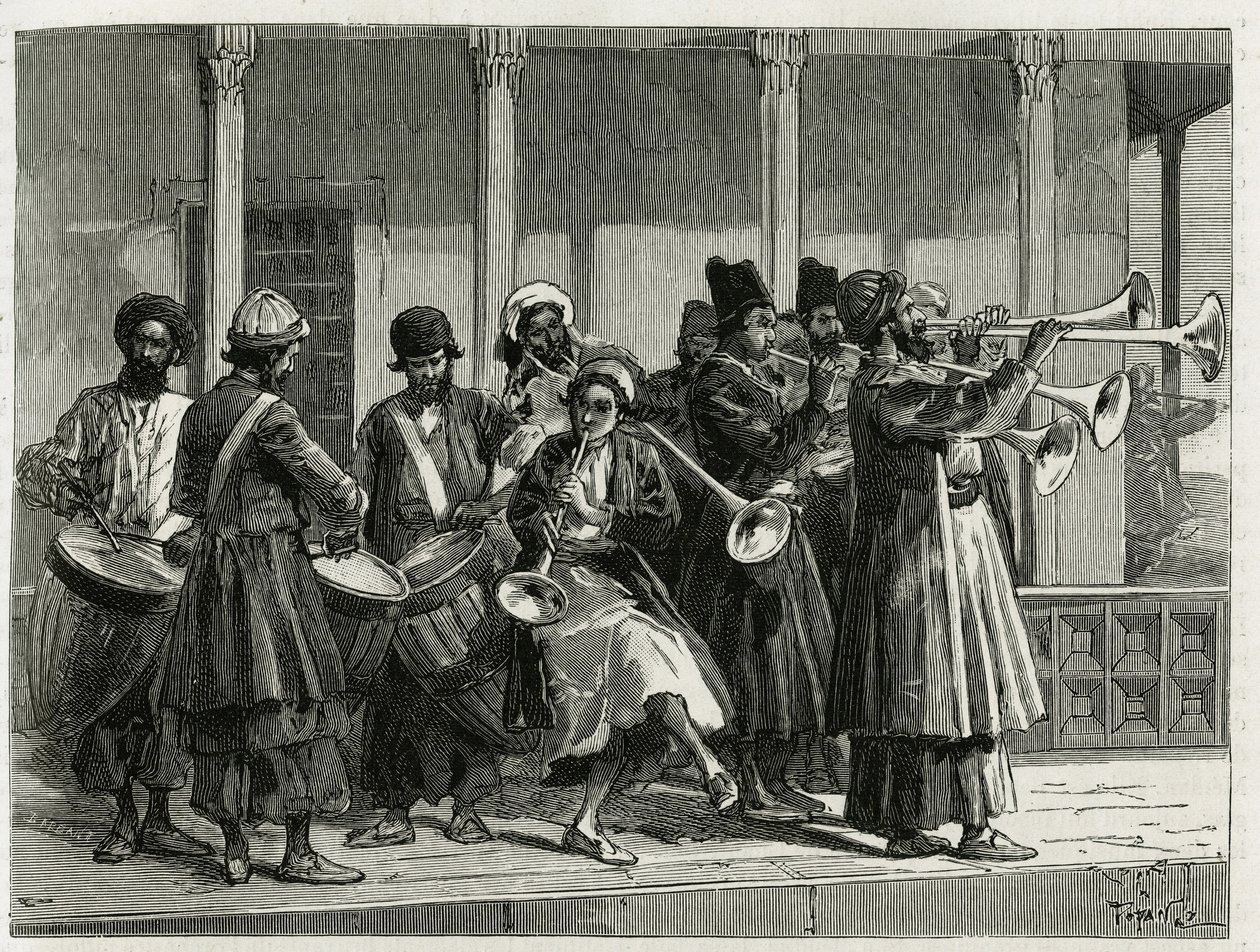 Musikere, der hilser solopgangen i Isfahan (eller Isfahan, Iran by). Gravering af Tofani, for at illustrere historien "" Persien, Kaldæa og Susiane"" af Oswaldo Tofani