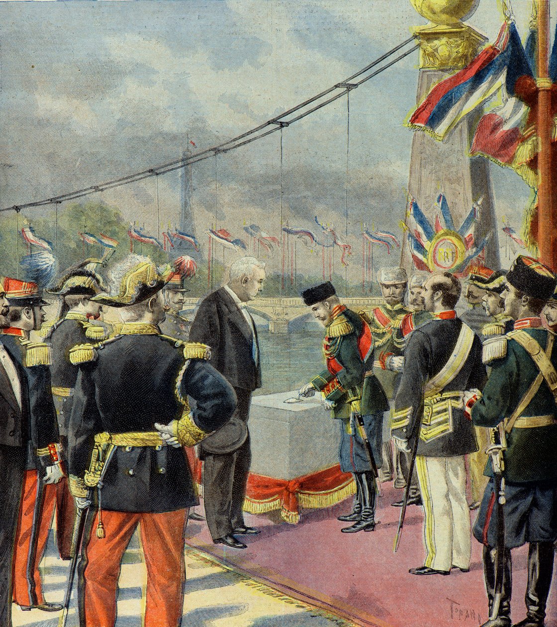 Nicolas 2 lægger den første sten på Alexandre 3-broen i overværelse af Felix Faure, Paris 1896 (Gravering) af Oswaldo Tofani