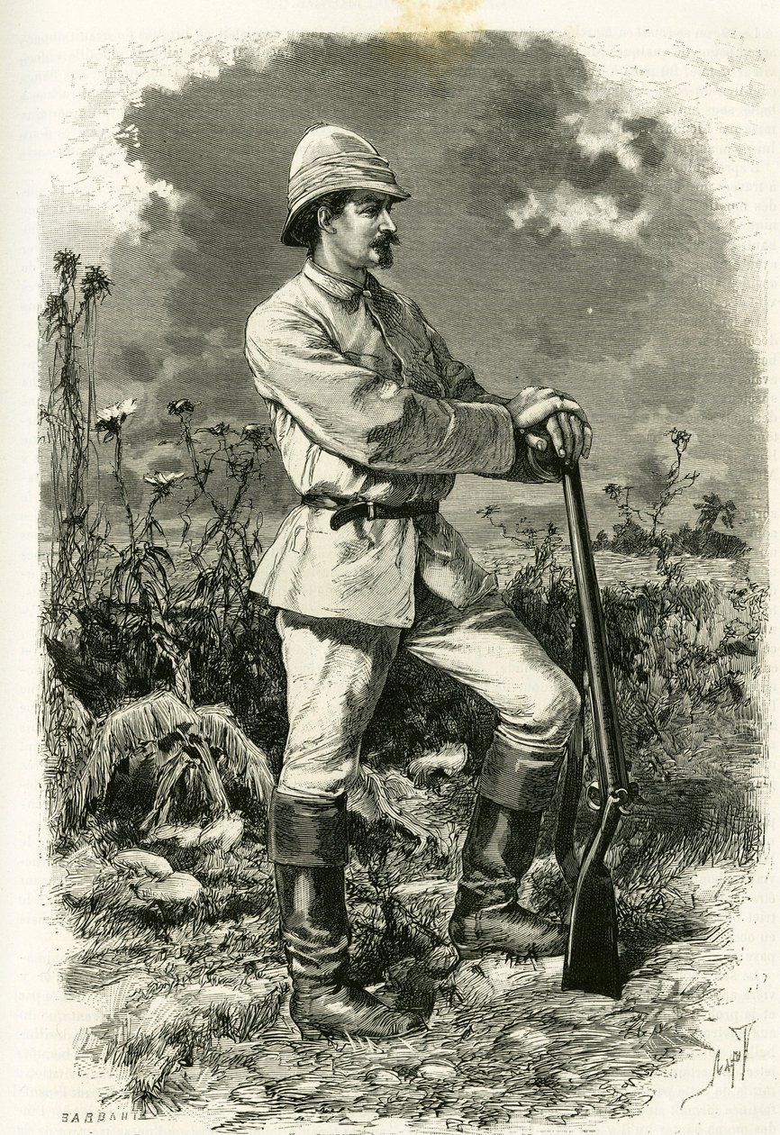 Portræt af Dr. Emile Holub, i en udforskningsdragt, gravering af Tofani, for at illustrere historien "Au pays des Marutses", i 1875-1879, af Dr. Emile Holub (1847-1902). Udgivet i Tour du monde, 2. semester 1883, redigeret af Edouard Charton (1807-1890) af Oswaldo Tofani