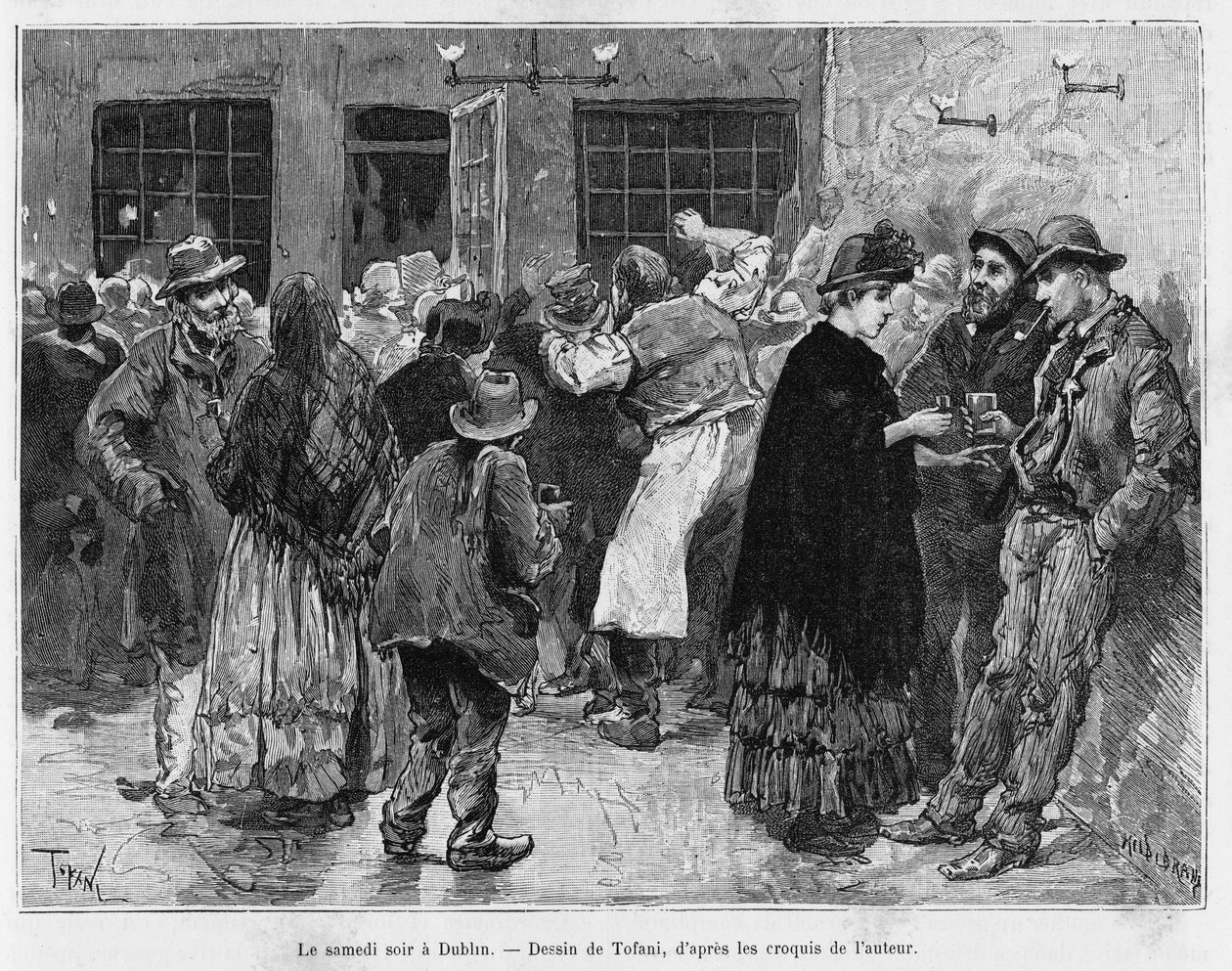 Lørdag aften i Dublin. Gravering af Tofani, for at illustrere historien Tre måneder i Irland, i 1889, af Marie Anne de Bovet, i le tour du monde 1890, instrueret af Edouard Charton (1807-1890), Hachette, Paris. af Oswaldo Tofani