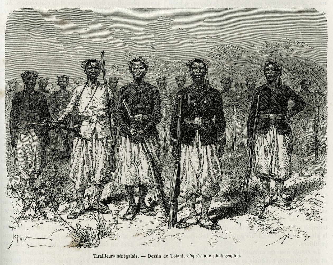 Senegalesiske ryttere af ekspeditionen eskorte. Indgravering af Tofani, for at illustrere historien om udforskning i Haut Niger, af kommandør Gallieni, af marineinfanteriet, i 1880-1881, udgivet i Tour du monde, under ledelse af Edouard Charton (1807) af Oswaldo Tofani