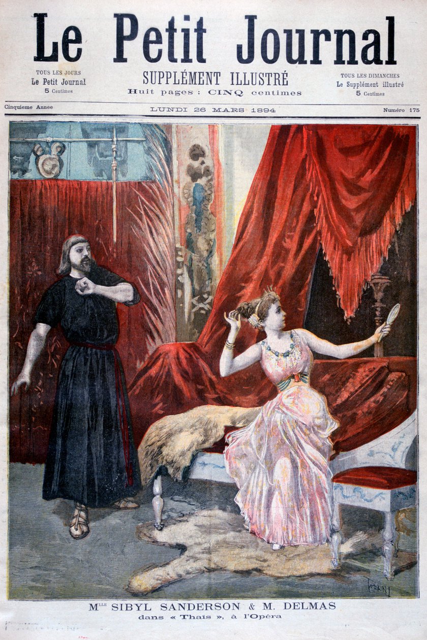 Sibyl Sanderson og Delmas i Jules Massenets opera Thais, Paris, 1894 af Oswaldo Tofani