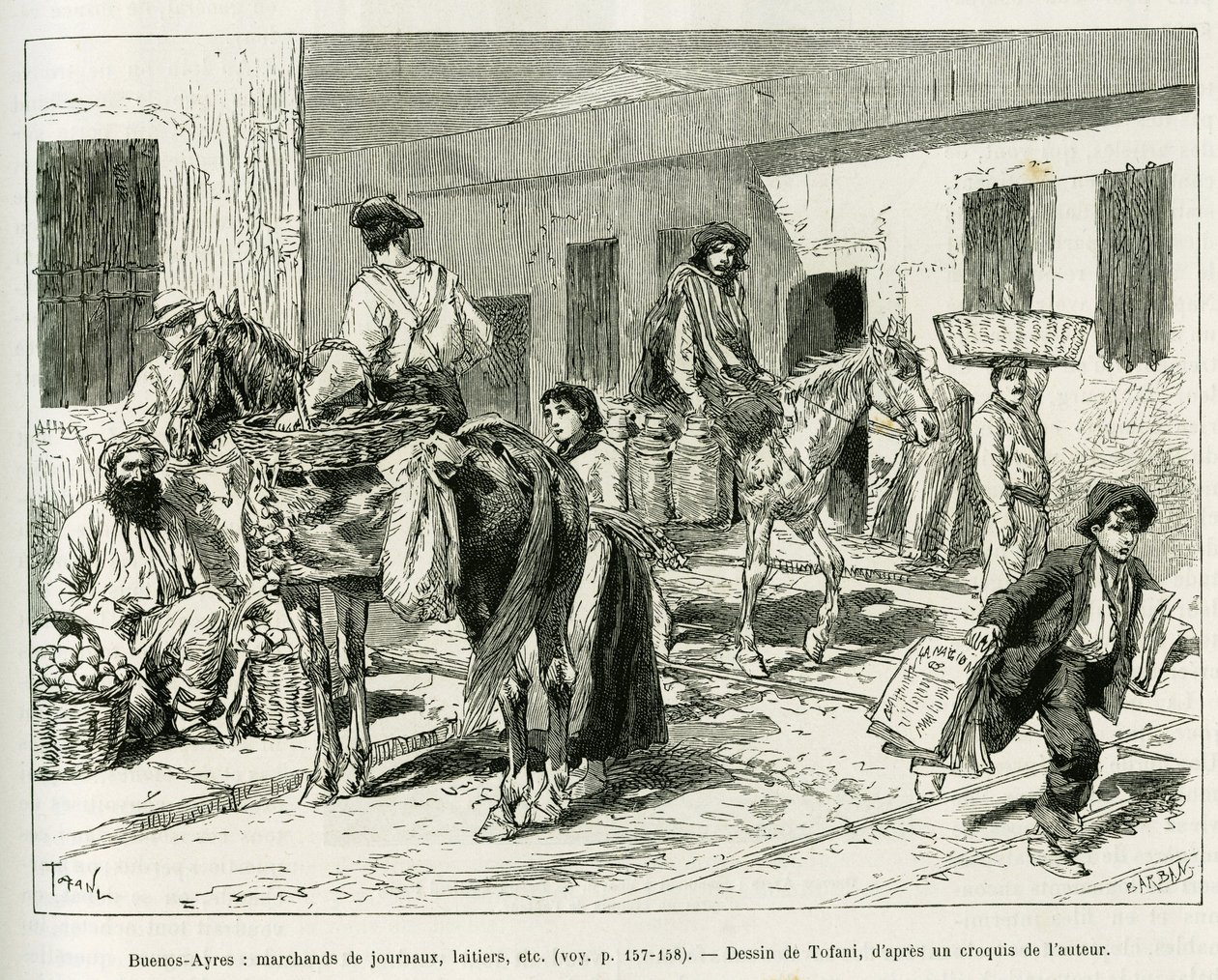 Små virksomheder, avishandlere, mejeri, frugtsælgere osv... i Buenos Aires (Argentina) gader. Indgravering af Tofani til illustration af historien Voyage a la Plata, tre måneders ferie af Emile Blaireaux i 1886, i tour du monde 1887, unde af Oswaldo Tofani