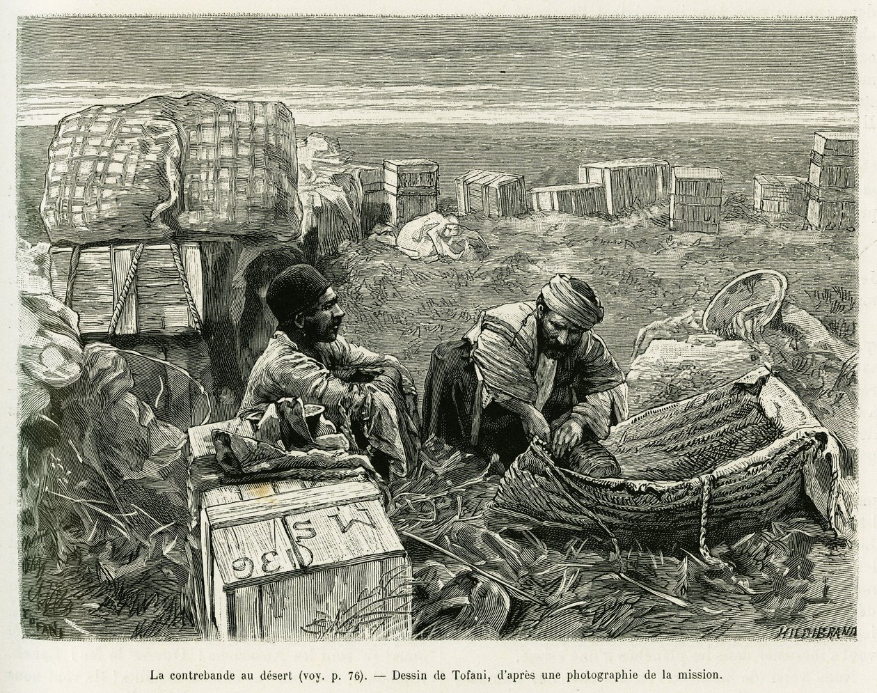 Smugling af arkæologiske udgravninger i den persiske ørken. Gravering af Tofani, for at illustrere historien A Suse af Oswaldo Tofani