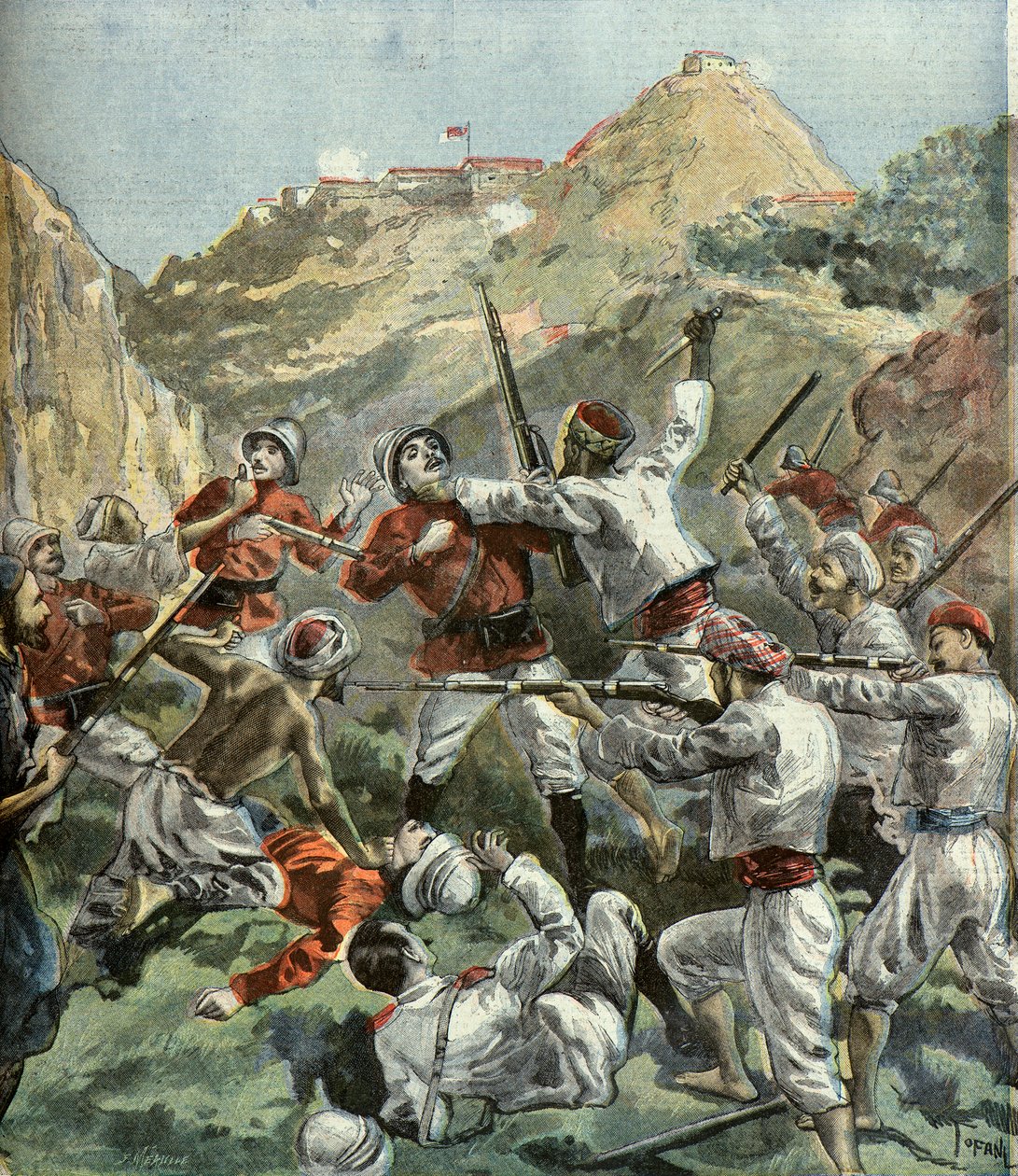 Briterne bliver angrebet ved fortet Mala Khan under et oprør i Indien i 1897 (kobberstik). af Oswaldo Tofani