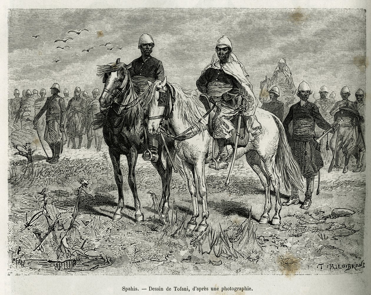 Spahis af ekspeditionens eskorte. Indgravering af Tofani, for at illustrere historien om udforskning i Haut Niger, af kommandør Gallieni, af marineinfanteriet, i 1880-1881, udgivet i Tour du monde under ledelse af Edouard Charton (1807-1890) af Oswaldo Tofani