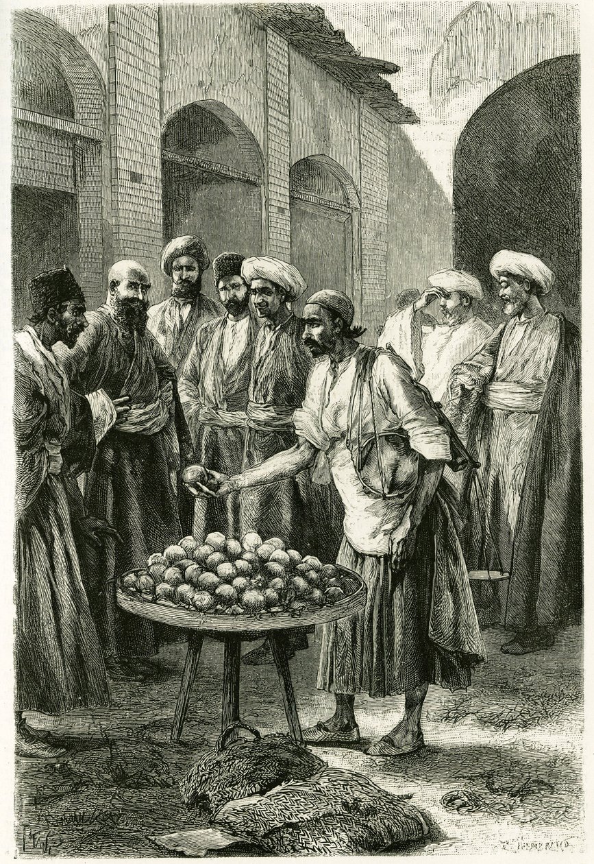 Fiskehandleren i Kachan (eller Kashan, i Teheran-provinsen, det nuværende Iran). Gravering af Tofani, fra et fotografi, for at illustrere historien "" Persia, Chaldee og Susiane"" i 1881-1882, af Jane Dieulafoy (nee Magre) af Oswaldo Tofani