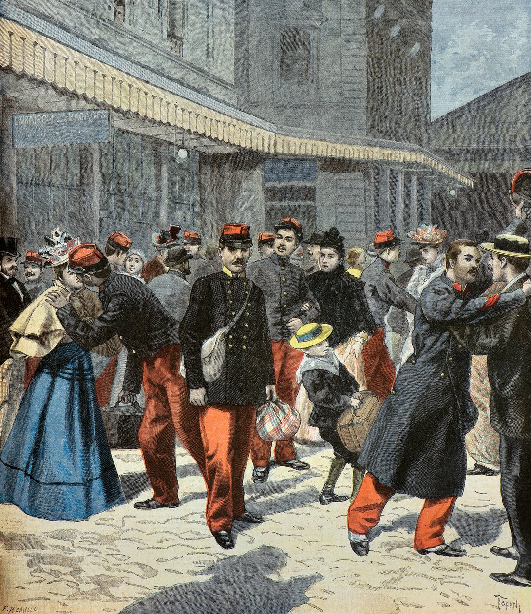 Klassens tilbagevenden. Efter deres militærtjeneste bliver soldaterne genforenet med deres familier 1897 (Kobberstik) af Oswaldo Tofani