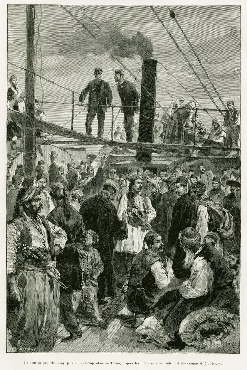 Skibets dæk. Indgravering af Tofani til illustration af historien Voyage en Thessalie i 1882, af Paul Monceaux, i le tour du monde 1887, instrueret af Edouard Charton (1807-1890), Hachette, Paris. af Oswaldo Tofani