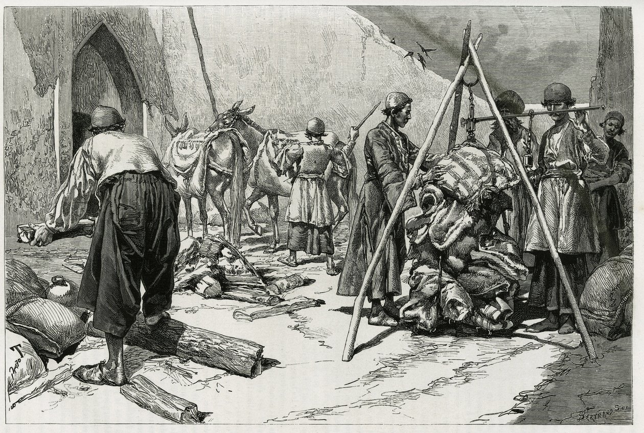 Vejningen af bagagen før Delafoy Brudeekspeditionens afgang. Gravering af Tofani, for at illustrere historien "" Persien, Kaldæa og Susiane"" af Oswaldo Tofani