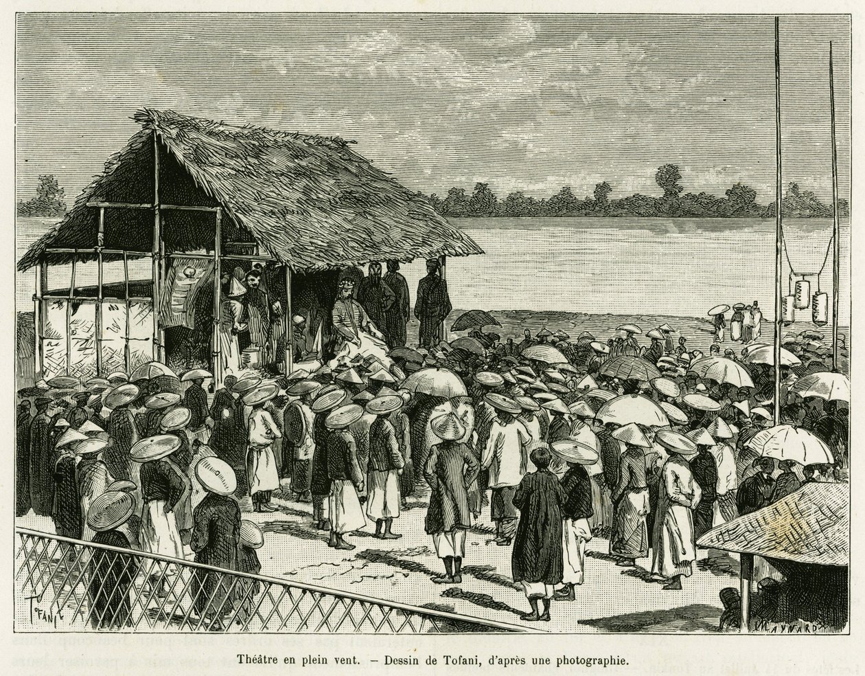 Teater i vinden. Indgravering af Tofani, efter et fotografi, for at illustrere historien Trente mois au Tonkin, i 1884, af Dr. Paul Hocquard, i le tour du monde 1890, under ledelse af Edouard Charton (1807-1890), Hachette, Paris. af Oswaldo Tofani
