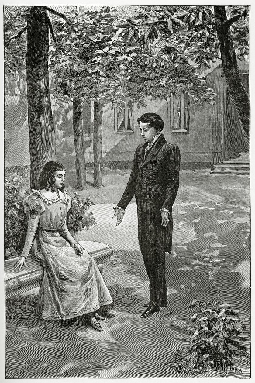 Victor Hugo erklærer sin kærlighed til Adèle Foucher, 1800-tallet (bw-gravering) af Oswaldo Tofani