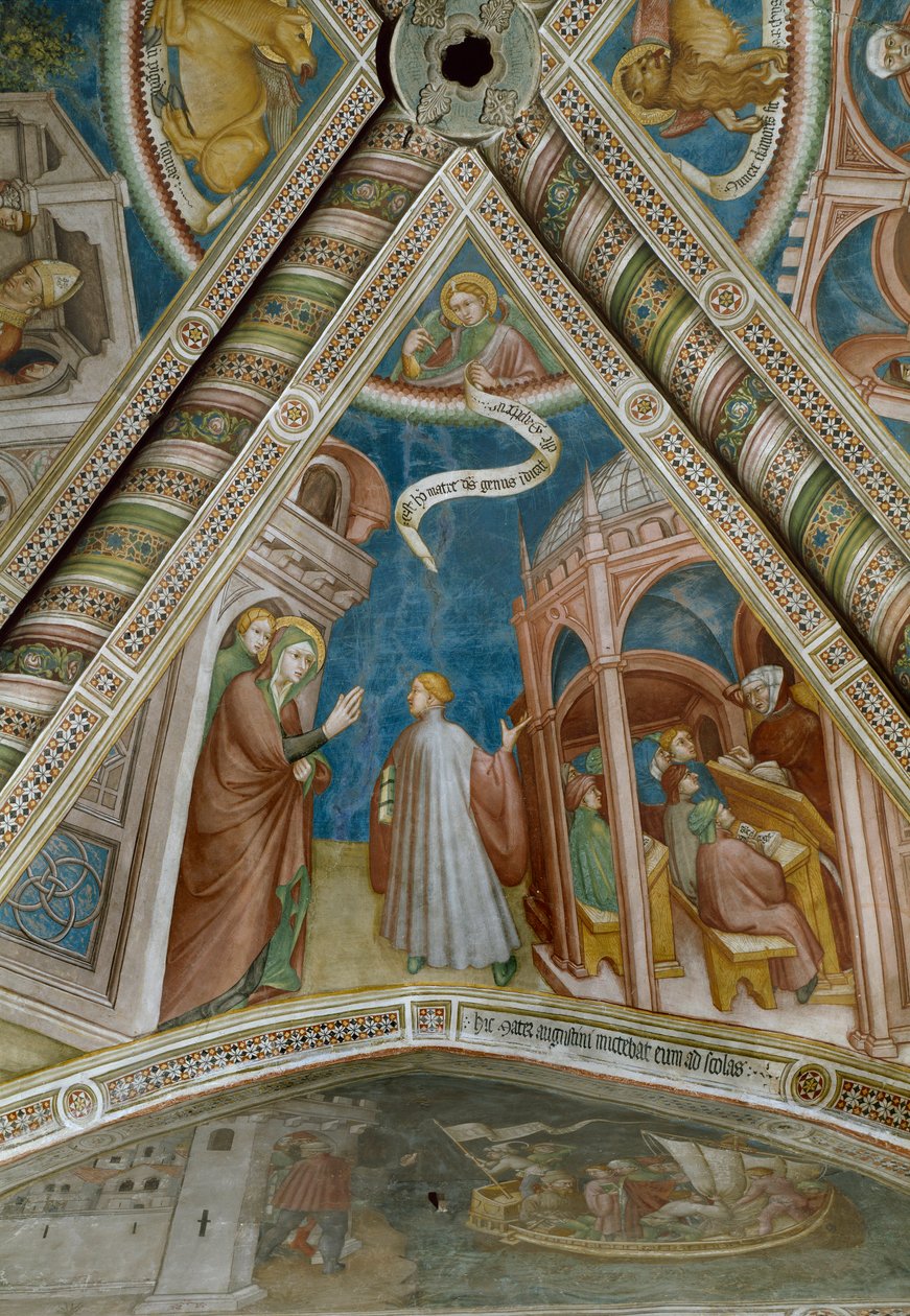Saint Augustine bliver sendt af sin mor Monique for at studere i Thagaste (Fresco af Ottaviano Nelli
