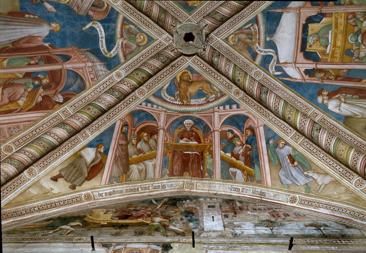 Saint Augustine, der sidder til venstre og lærer de syv liberale kunster. (Fresco af Ottaviano Nelli
