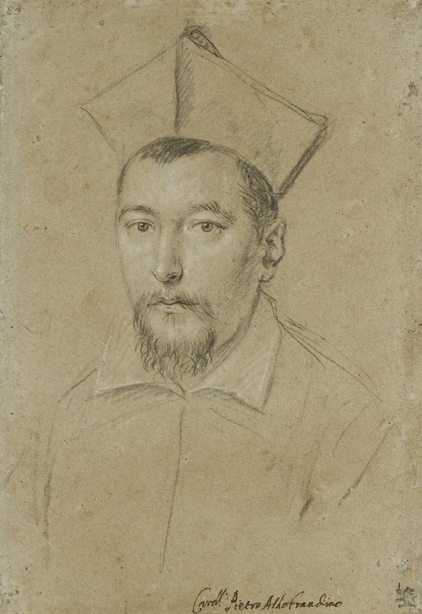 Portræt af kardinal Pietro Aldobrandini (sort kridt, forhøjet med hvidt på trist, blågråt papir) af Ottavio Mario Leoni