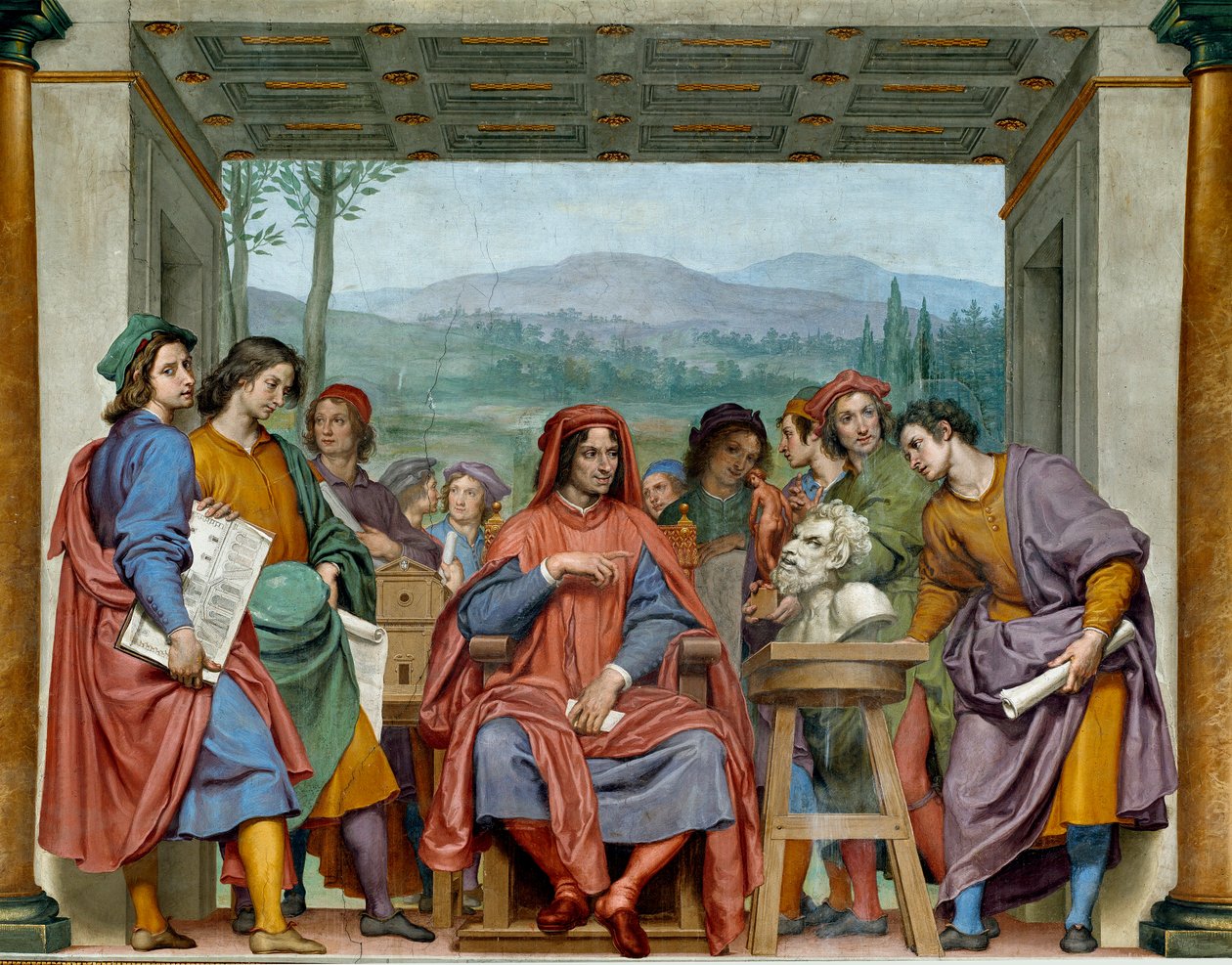 Laurent de Medici (1449-1492) (Laurent den Storslåede: Lorenzo il Magnifico) sidder i midten af florentinske kunstnere. Han beundrer en fauna af Michelangelo (Michelangelo, Michel Ange). Fresco af Ottavio Vannini (1585-1643). 1635 omtrent Sala af Ottavio Vannini