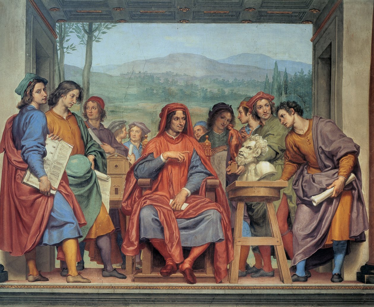 Laurent de Medici (1449 - 1492) (Laurent den Prægtige: Lorenzo il Magnifico) sidder i midten af kunstnerne, Fresko af Ottavio Vannini (1585 1643) - Museo degli argenti, Firenze af Ottavio Vannini
