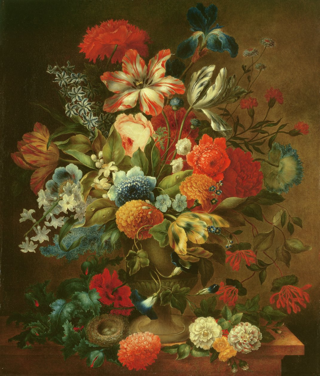 Blomsterstilleben med fuglerede af Ottmar the Elder Elliger