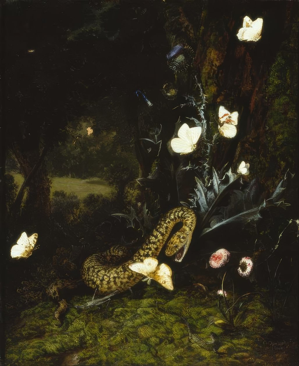 Græshoppe, slange og sommerfugle nær en tidsel af Otto Marseus  van Schrieck